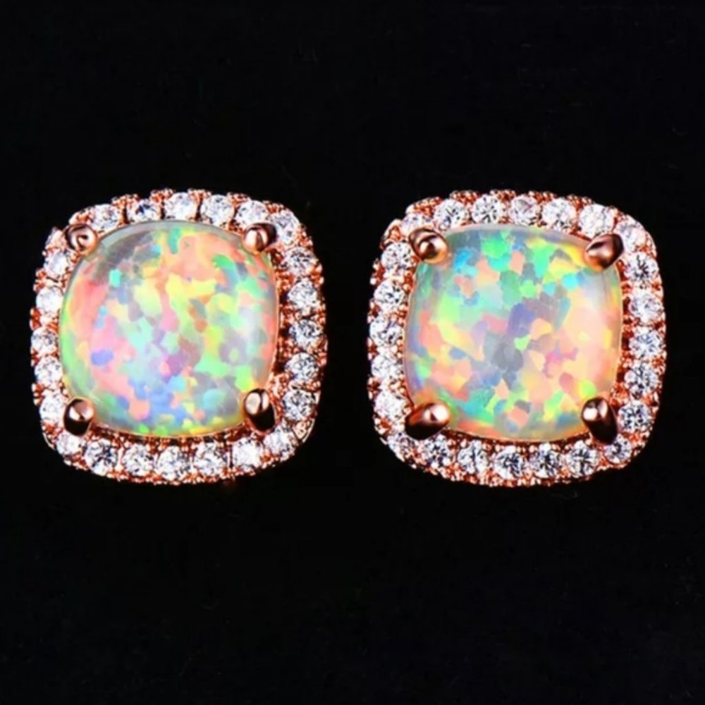 18K Rose Gold White Opal Diamond Halo Earrings